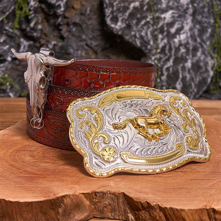 Gold Pferd DIY Gürtelschnalle Longhorn Bull Anhänger Bundle Set - Pferd - Brauner geschnitzter Gürtel - 42 - image 7