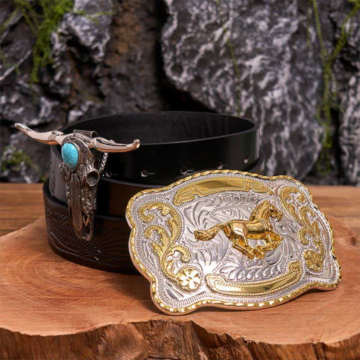 Gold Pferd DIY Gürtelschnalle Türkis Longhorn Bull Anhänger Bundle Set - Pferd - Schwarzer Gürtel mit geprägtem Adler - 42 - image 3