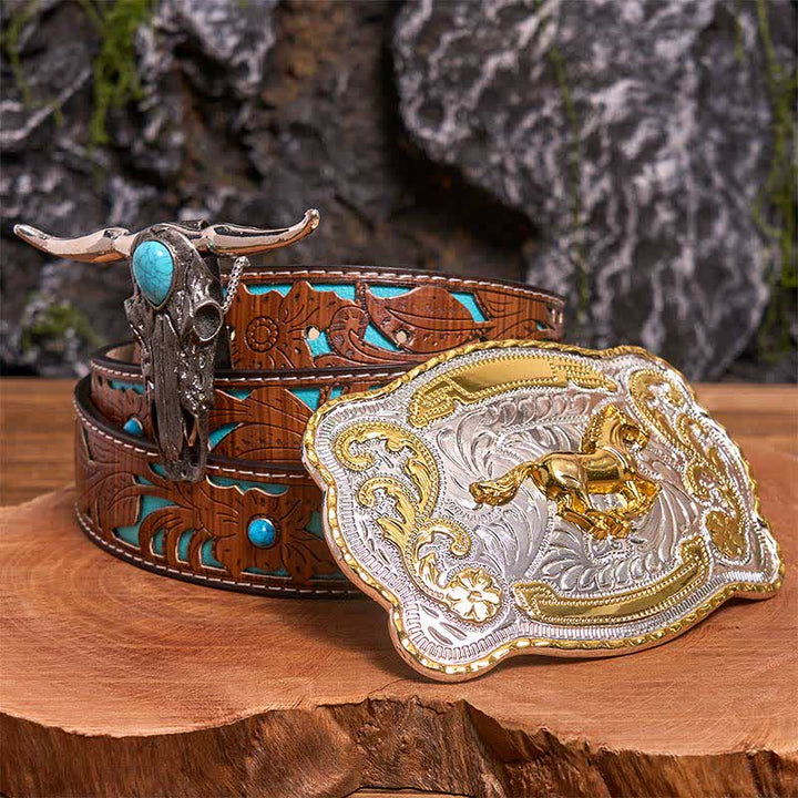 Gold Pferd DIY Gürtelschnalle Türkis Longhorn Bull Anhänger Bundle Set - Pferd - Türkisfarbener geschnitzter Gürtel - 42 - image 4