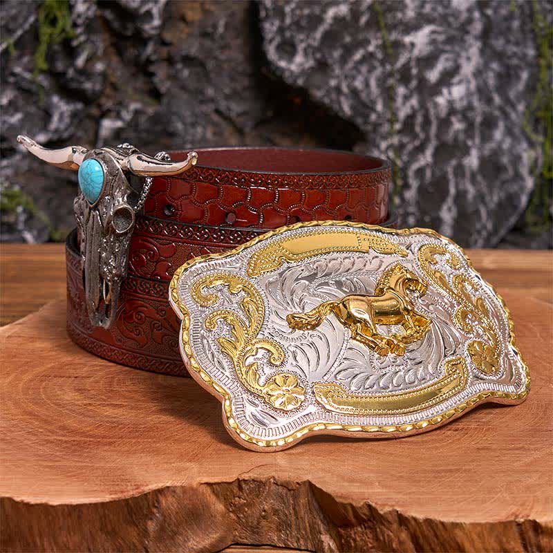 Gold Pferd DIY Gürtelschnalle Türkis Longhorn Bull Anhänger Bundle Set - Pferd - Brauner geschnitzter Gürtel - 42 - image 7