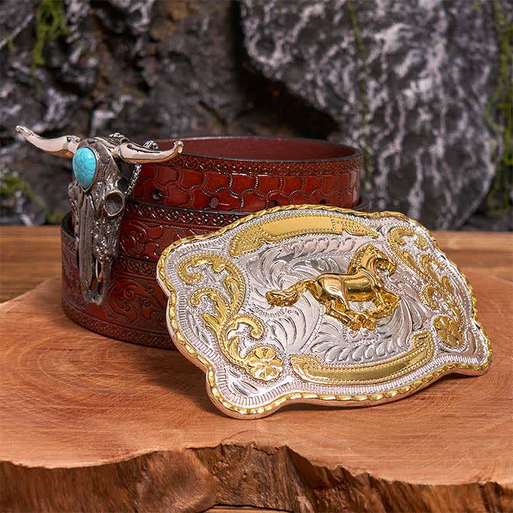 Gold Pferd DIY Gürtelschnalle Türkis Longhorn Bull Anhänger Bundle Set - Pferd - Brauner geschnitzter Gürtel - 42 - image 7