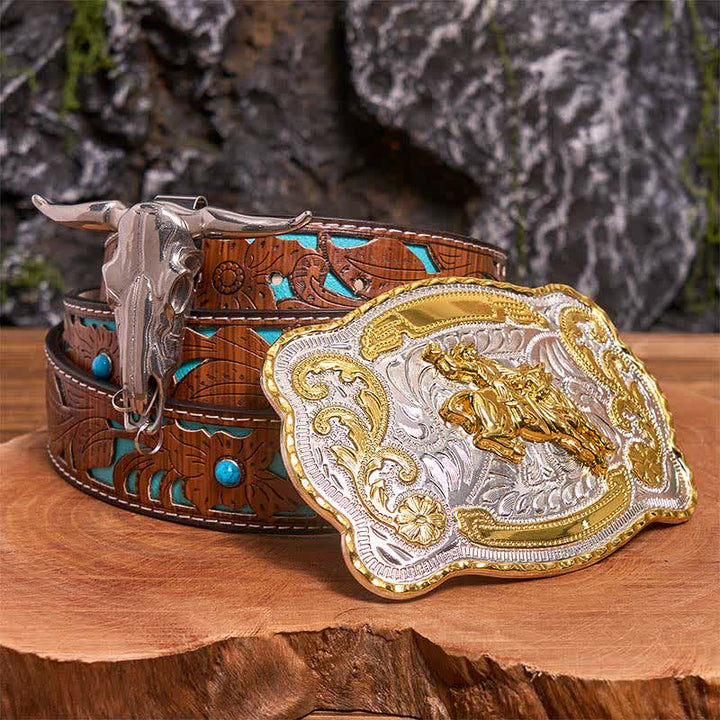 Reiten DIY Gürtelschnalle Longhorn Bull Anhänger Bundle Set - Pferd - Türkisfarbener geschnitzter Gürtel - 42 - image 4