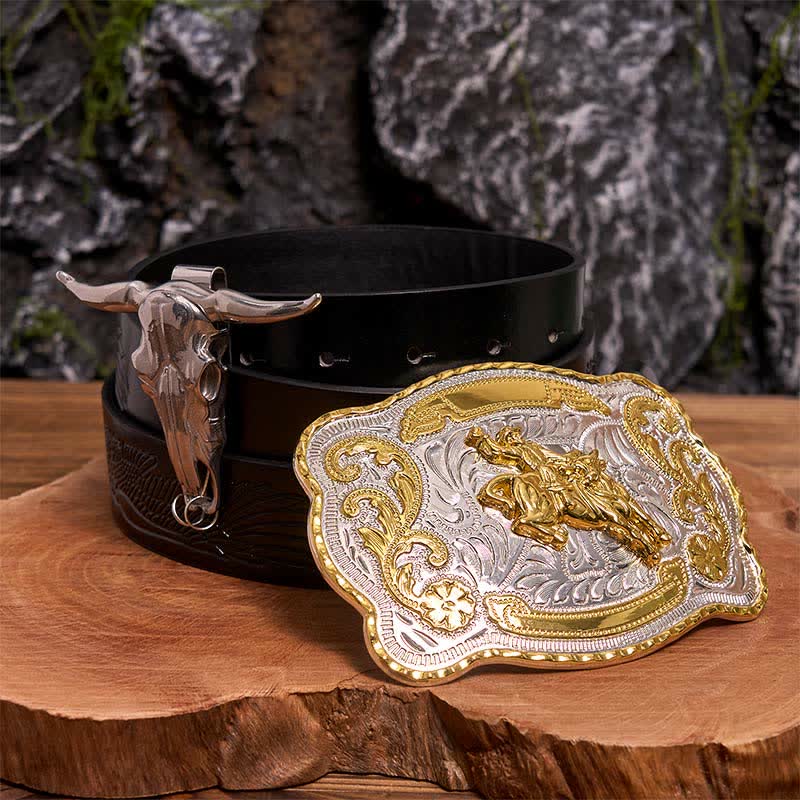 Reiten DIY Gürtelschnalle Longhorn Bull Anhänger Bundle Set - Pferd - Schwarzer Gürtel mit geprägtem Adler - 42 - image 3