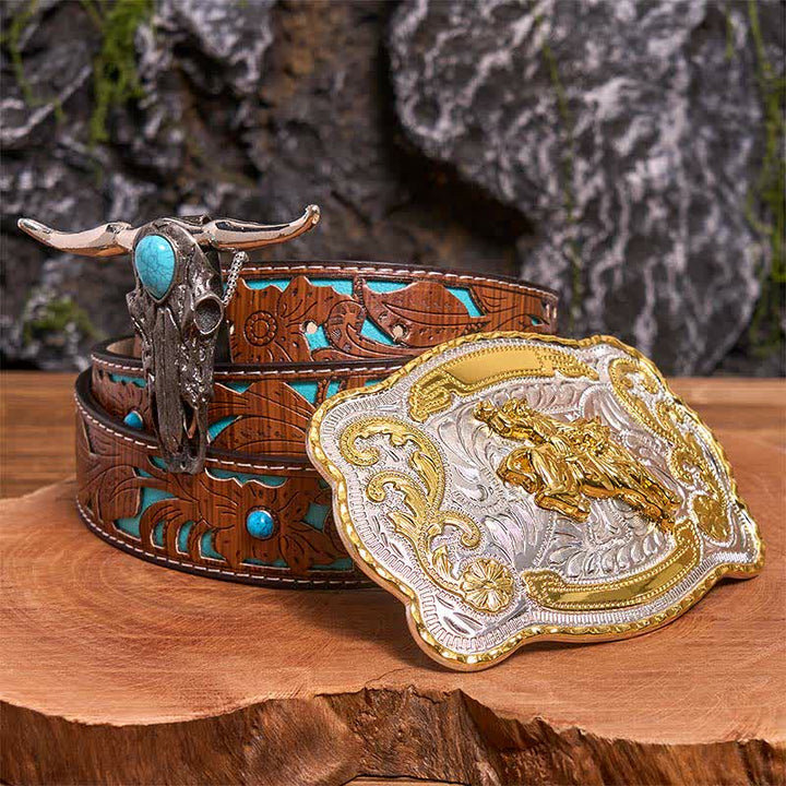Reiten DIY Gürtelschnalle Türkis Longhorn Bull Anhänger Bundle Set - Reiten - Türkisfarbener geschnitzter Gürtel - 42 - image 4