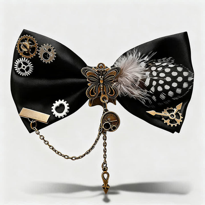 Fliege im Steampunk-Stil mit Zahnrädern und weißen Punkten und Federn - Schwarz - image 0