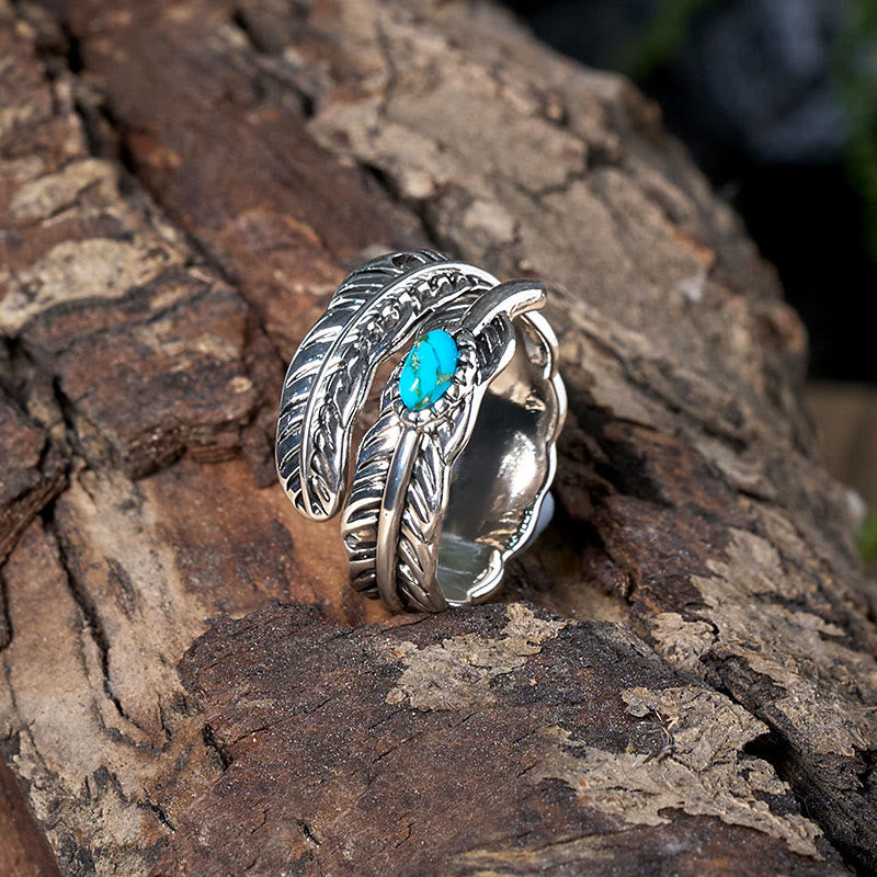 Silberner Ring mit eingelegter türkisfarbener Feder im Bohème-Stil - image 3