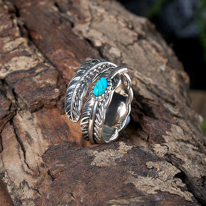 Silberner Ring mit eingelegter türkisfarbener Feder im Bohème-Stil - image 3
