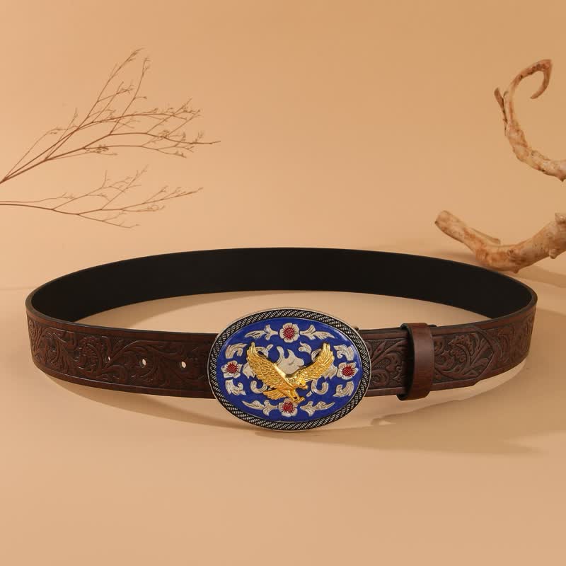Gold Eagle Blau gefärbte Schnalle Ledergürtel mit Blumenprägung - image 3