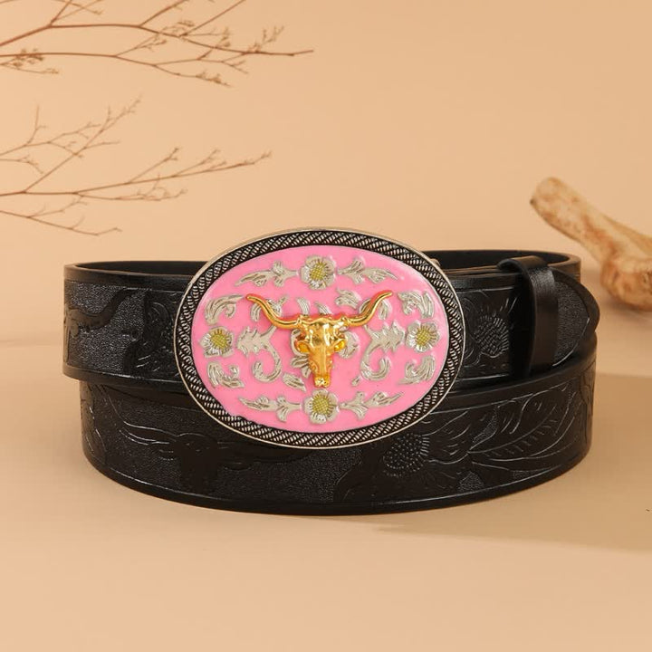 Rosafarbener Ledergürtel mit geprägter Schnalle und Stiermotiv - Pink & Gold - 40 - image 0