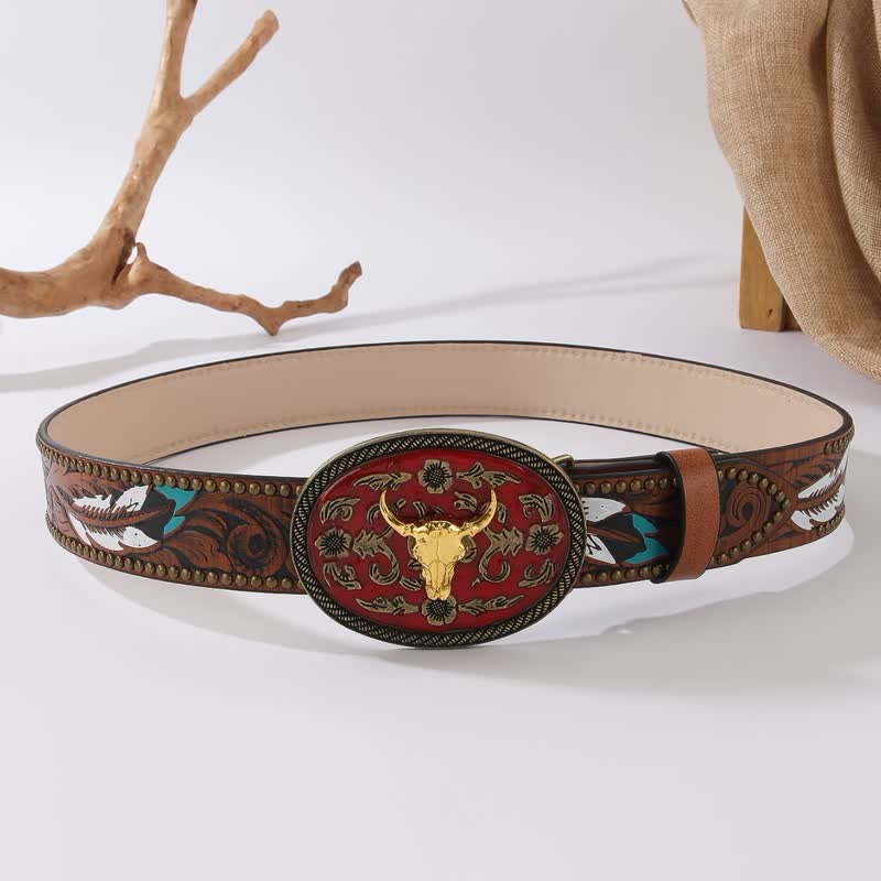 Longhorn Bull Dunkelroter Ledergürtel mit Federnietenschnalle - image 3