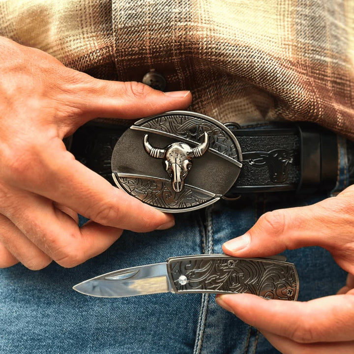 Herren DIY Longhorn Bull Verstecktes Klappmesser Ledergürtel - image 5