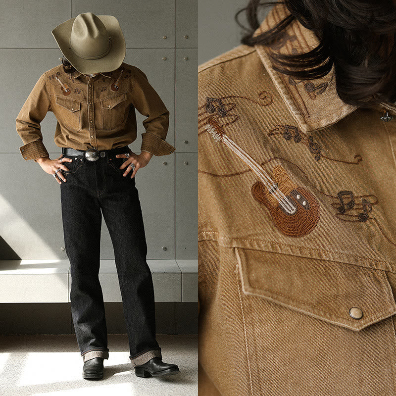 Vintage Gitarre Musiknote Stickerei Western Cowboy Shirt - image 2