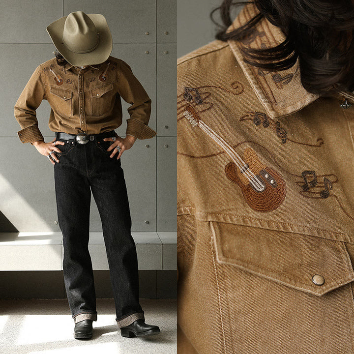 Vintage Gitarre Musiknote Stickerei Western Cowboy Shirt - image 2