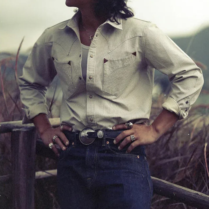 Vintage Beige Gewebtes Streifen Western Cowboy Hemd - image 0