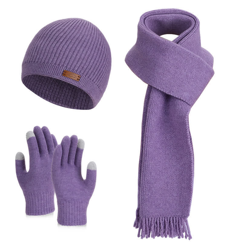 3-teiliges Set aus einfarbiger Strickmütze, Mütze, Schal und Handschuhen - Lila - Einstellbar (21 5/8"-23 5/8") - image 13