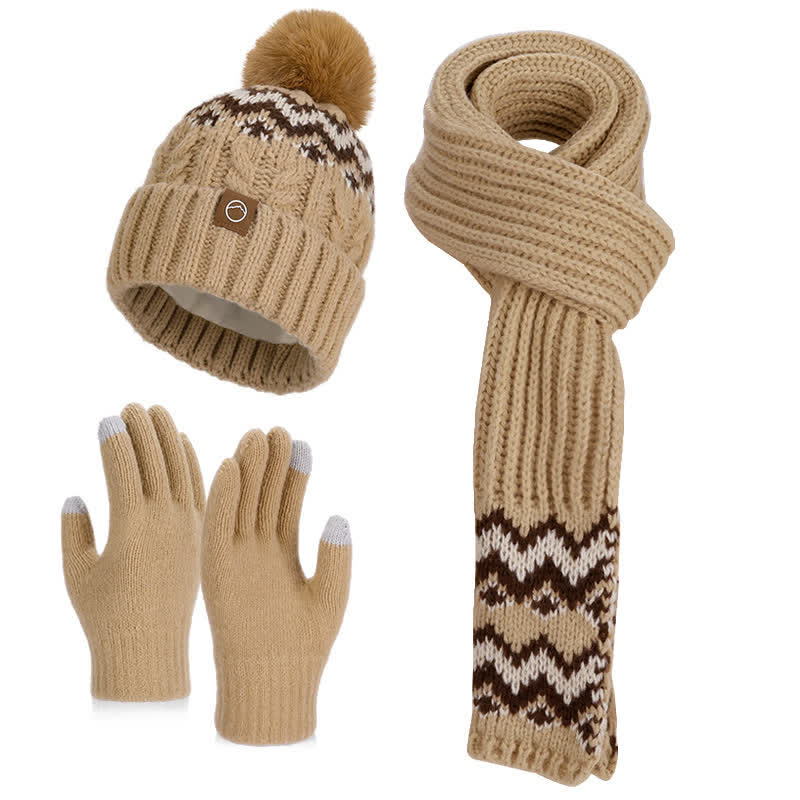3-teiliges Set mit bezauberndem Wellenmuster und Bommeln für Mütze, Schal und Handschuhe - Dunkles Khaki - Einstellbar (21 5/8"-23 5/8") - image 4