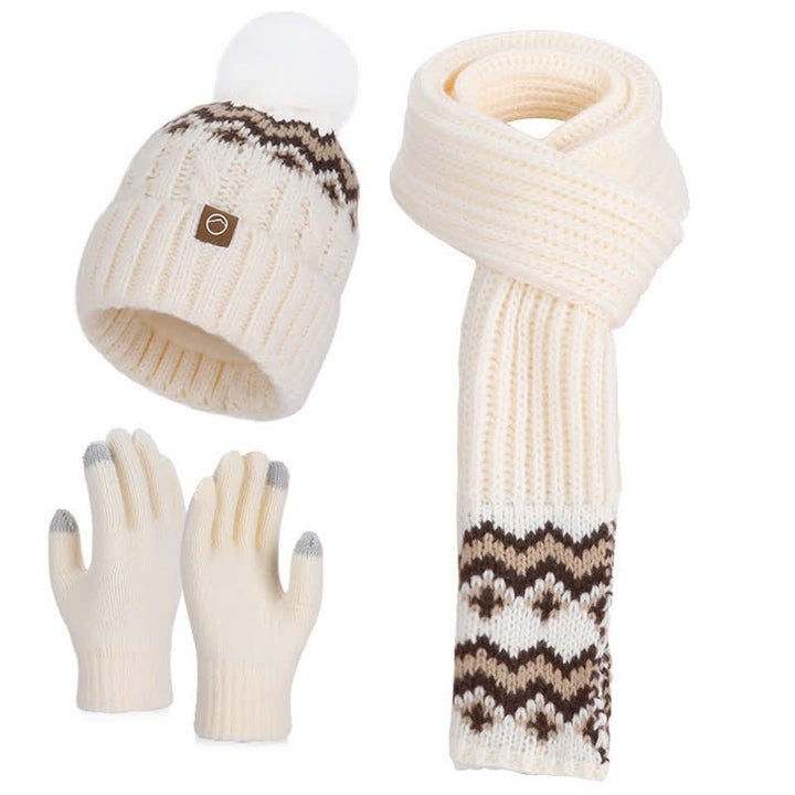 3-teiliges Set mit bezauberndem Wellenmuster und Bommeln für Mütze, Schal und Handschuhe - Beige - Einstellbar (21 5/8"-23 5/8") - image 3