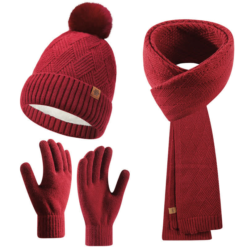 3-teiliges Set aus Mütze, Schal und Handschuhen mit flauschigen Bommeln in Volltonfarbe - Rot - Einstellbar (21 1/4"-22 7/8") - image 9