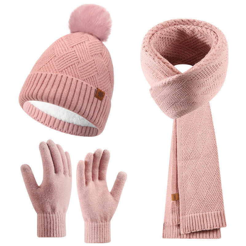 3-teiliges Set aus Mütze, Schal und Handschuhen mit flauschigen Bommeln in Volltonfarbe - Rosa - Einstellbar (21 1/4"-22 7/8") - image 5