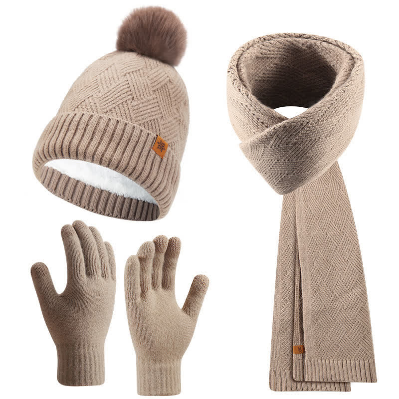 3-teiliges Set aus Mütze, Schal und Handschuhen mit flauschigen Bommeln in Volltonfarbe - Dunkles Khaki - Einstellbar (21 1/4"-22 7/8") - image 11