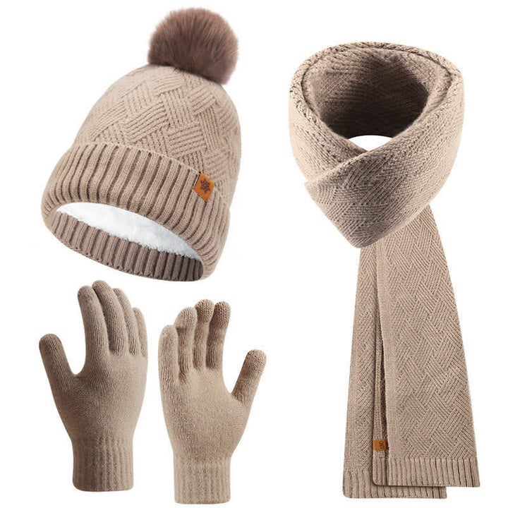 3-teiliges Set aus Mütze, Schal und Handschuhen mit flauschigen Bommeln in Volltonfarbe - Dunkles Khaki - Einstellbar (21 1/4"-22 7/8") - image 11