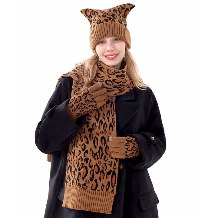 3-teiliges Set mit Mütze, Schal und Handschuhen mit Leopardenmuster und Katzenohren - image 1