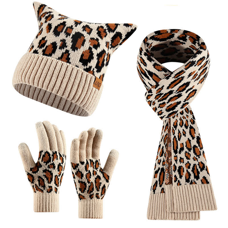 3-teiliges Set mit Mütze, Schal und Handschuhen mit Leopardenmuster und Katzenohren - Beige - Einstellbar (21 1/4"-22 7/8") - image 8