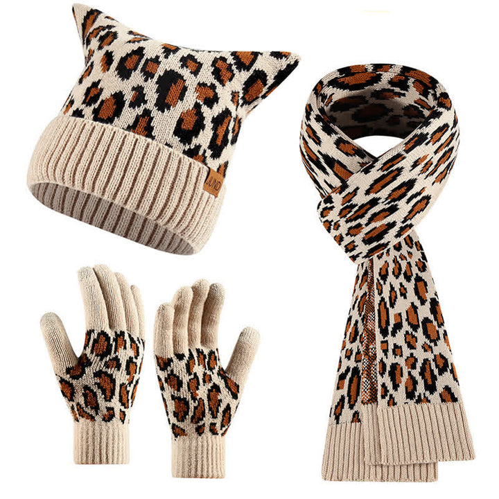 3-teiliges Set mit Mütze, Schal und Handschuhen mit Leopardenmuster und Katzenohren - Beige - Einstellbar (21 1/4"-22 7/8") - image 8