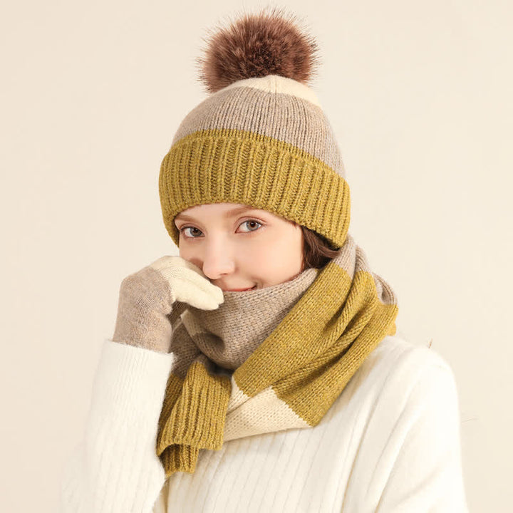 3-teiliges Set mit warmer Mütze, Schal und Handschuhen in dreifarbigem Blockdesign - image 8