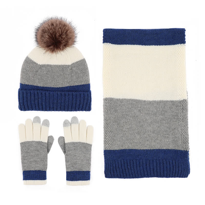 3-teiliges Set mit warmer Mütze, Schal und Handschuhen in dreifarbigem Blockdesign - image 3