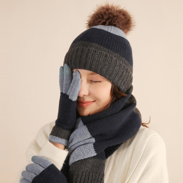 3-teiliges Set mit warmer Mütze, Schal und Handschuhen in dreifarbigem Blockdesign - image 11