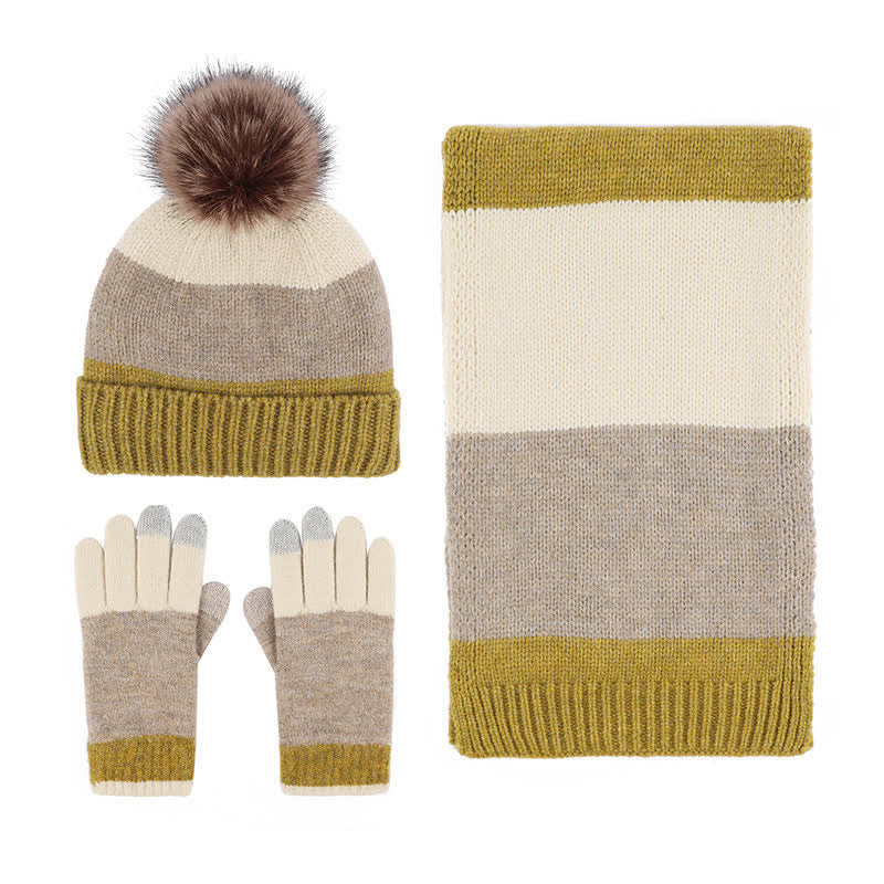 3-teiliges Set mit warmer Mütze, Schal und Handschuhen in dreifarbigem Blockdesign - Gelb - Einstellbar (21 1/4"-22 7/8") - image 7
