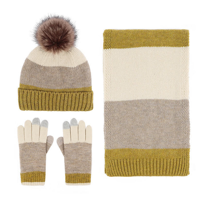 3-teiliges Set mit warmer Mütze, Schal und Handschuhen in dreifarbigem Blockdesign - Gelb - Einstellbar (21 1/4"-22 7/8") - image 7