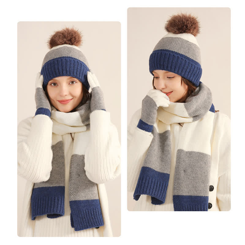 3-teiliges Set mit warmer Mütze, Schal und Handschuhen in dreifarbigem Blockdesign - image 2