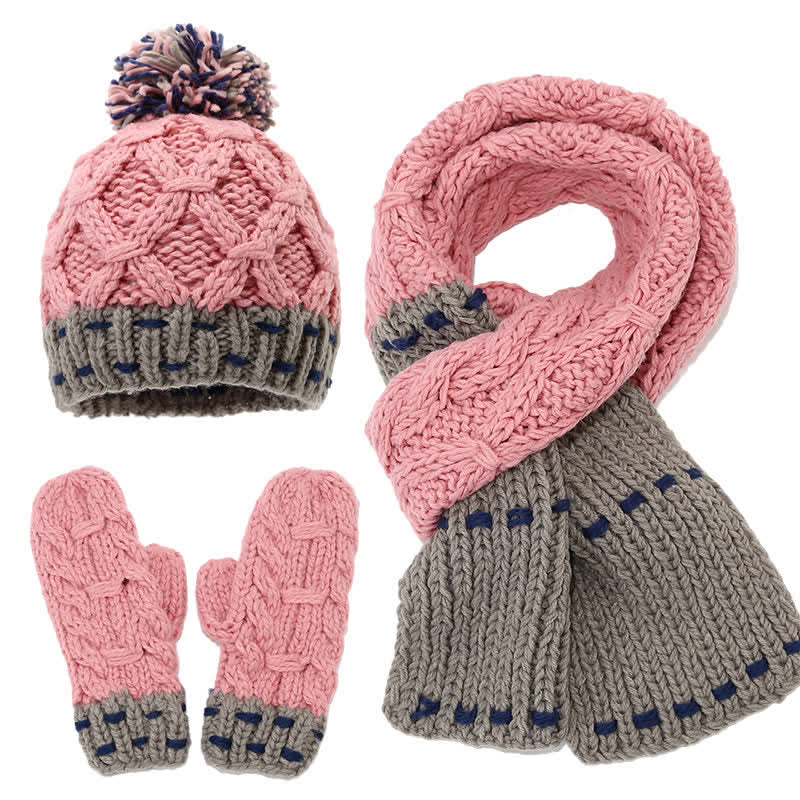 3-teiliges Set mit Mütze, Schal und Handschuhen im trendigen Liniendesign und Farbblockierung - Rosa & Grau - Einstellbar (21 1/4"-22 7/8") - image 4
