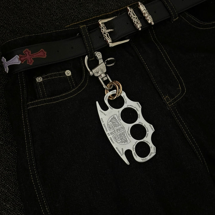 Silberner Selbstverteidigungs-Schlagring mit Doppelring-Schlüsselanhänger - image 1
