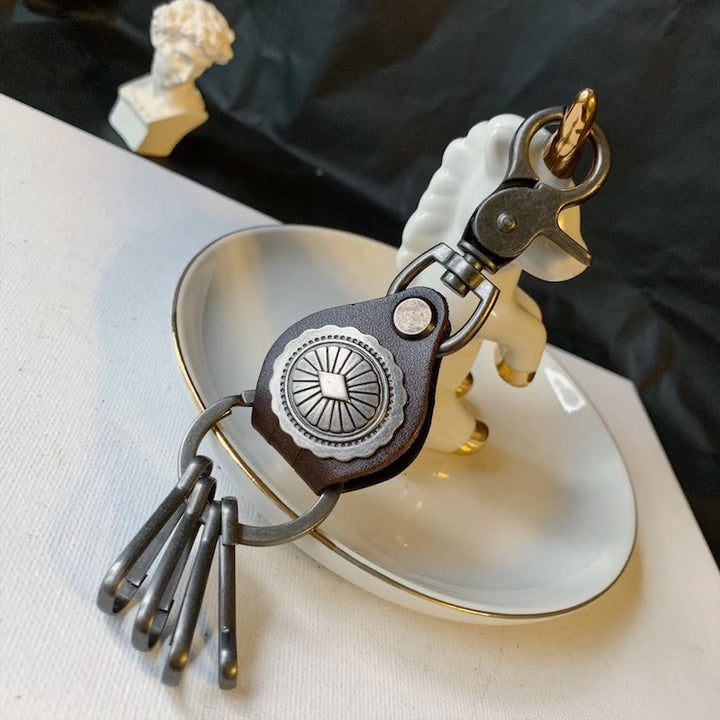 Vintage Silber Runder Leder Schlüsselanhänger mit Anhänger - Kaffee - image 4
