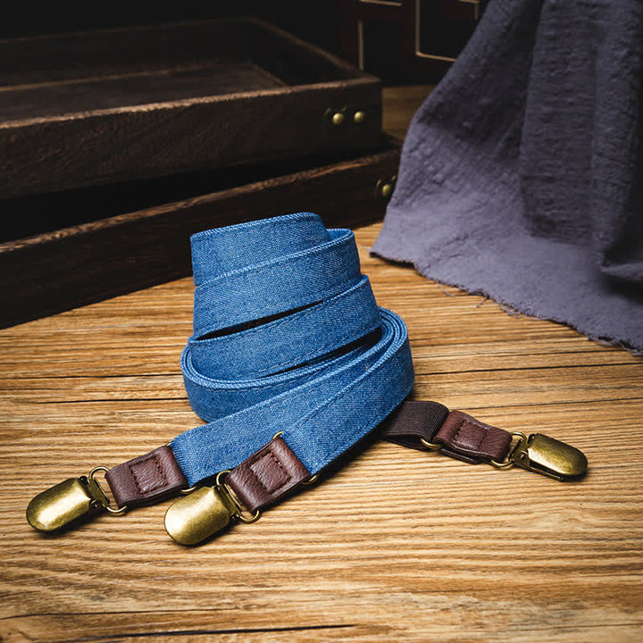 Retro-Hosenträger aus einfarbig blauem Denim mit Y-förmigem Rücken und elastischem Bund - image 2