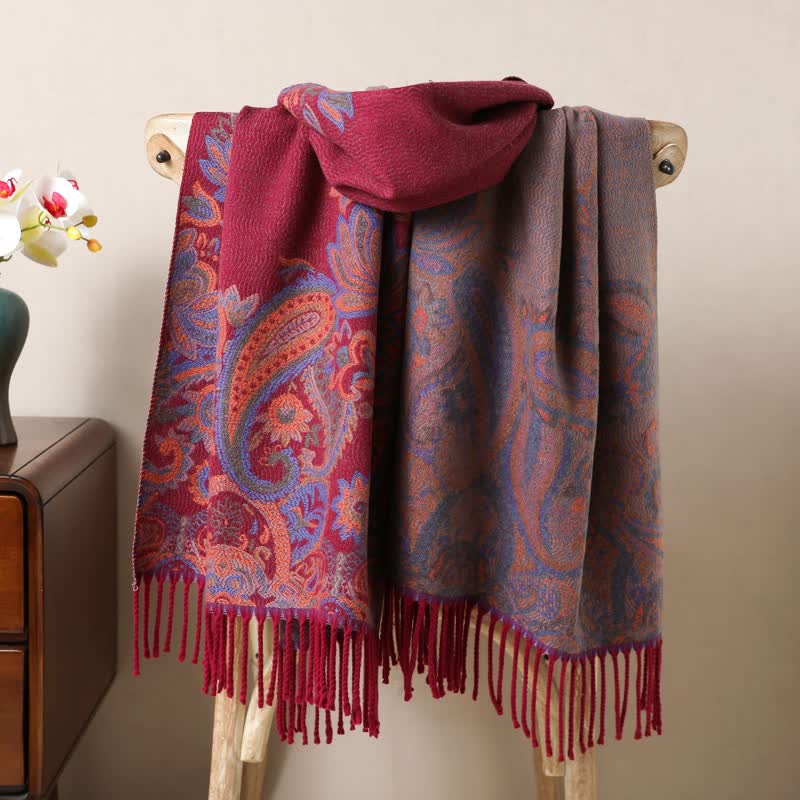 Boho-Chic-Ästhetik, Paisley-Jacquard-Quasten-Schal - Burgund - image 5