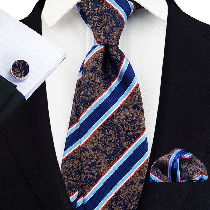 3-teiliges Peru Paisley & Marineblau gestreiftes Krawatten-Set für Herren