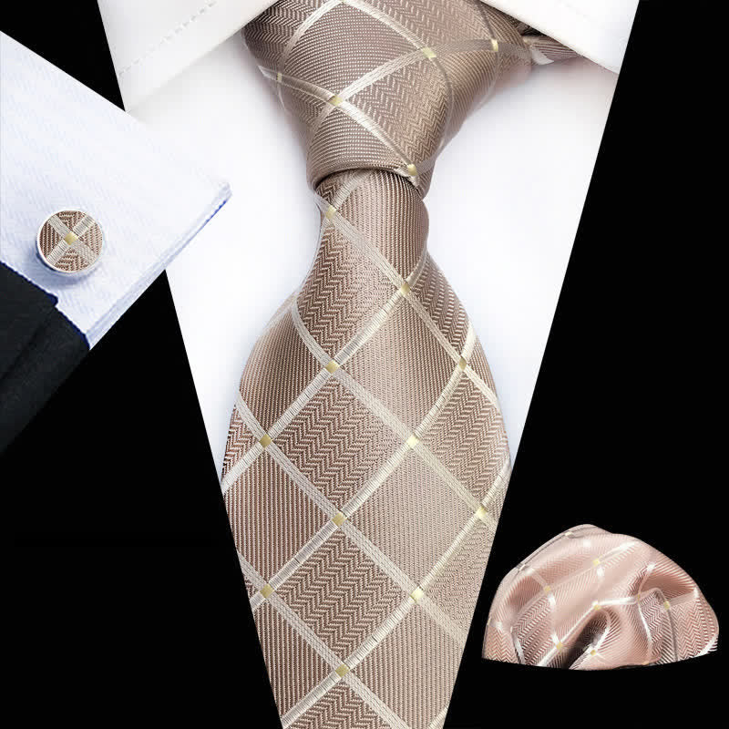 3-teiliges elegantes Krawattenset für Herren in Beige kariert