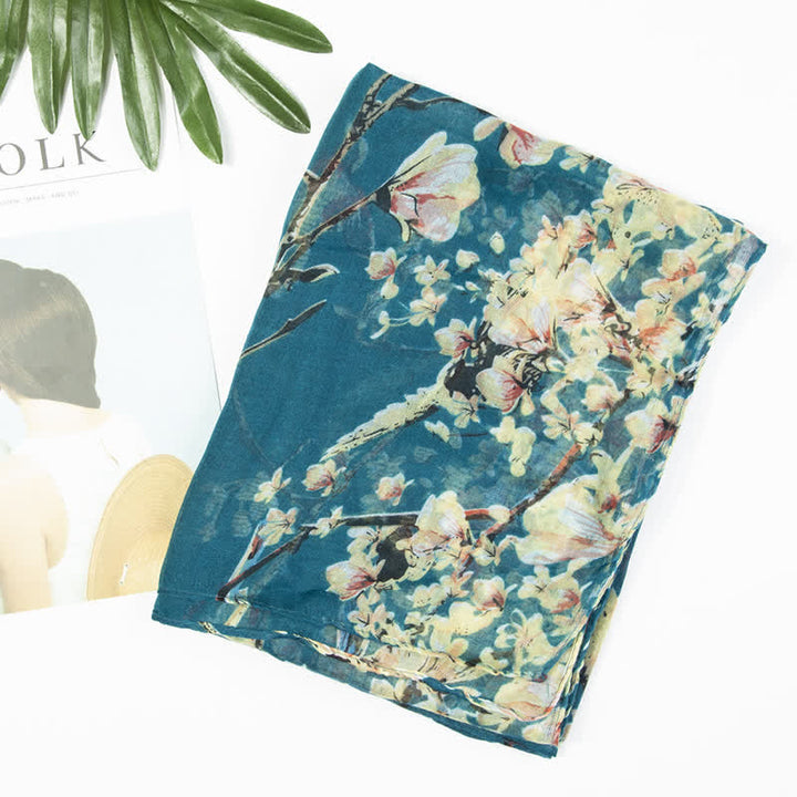 Leichter Schal mit blühenden Blumen und Vögeln für Frauen