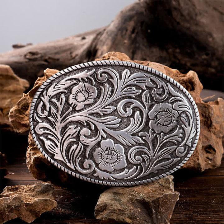 Herren DIY klassischer Blumen-Oval-Schnalle Ledergürtel