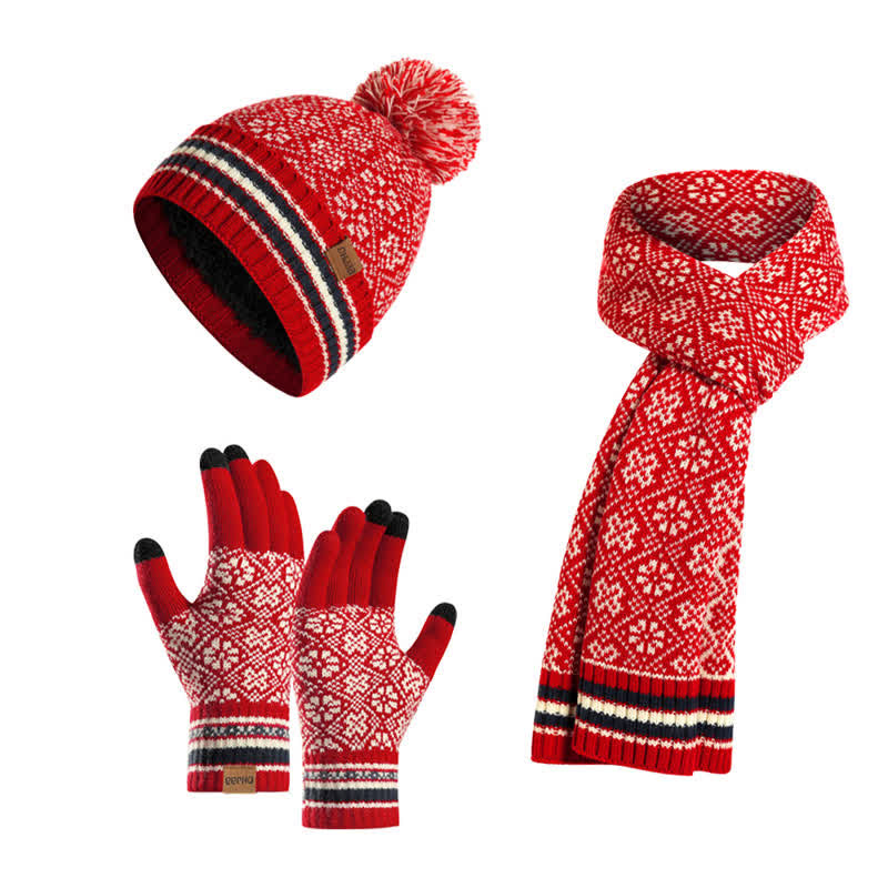 3-teiliges Unisex Schneeflocken-Set mit Mütze, Schal und Touchscreen-Handschuhen