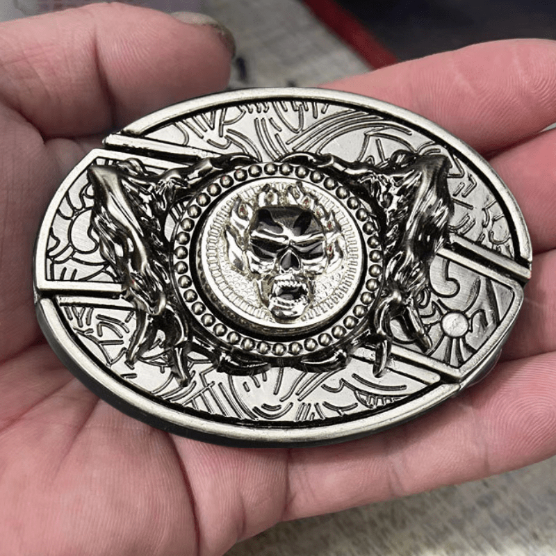 Rotierender Totenkopf-Ledergürtel für Herren mit Klappmesser