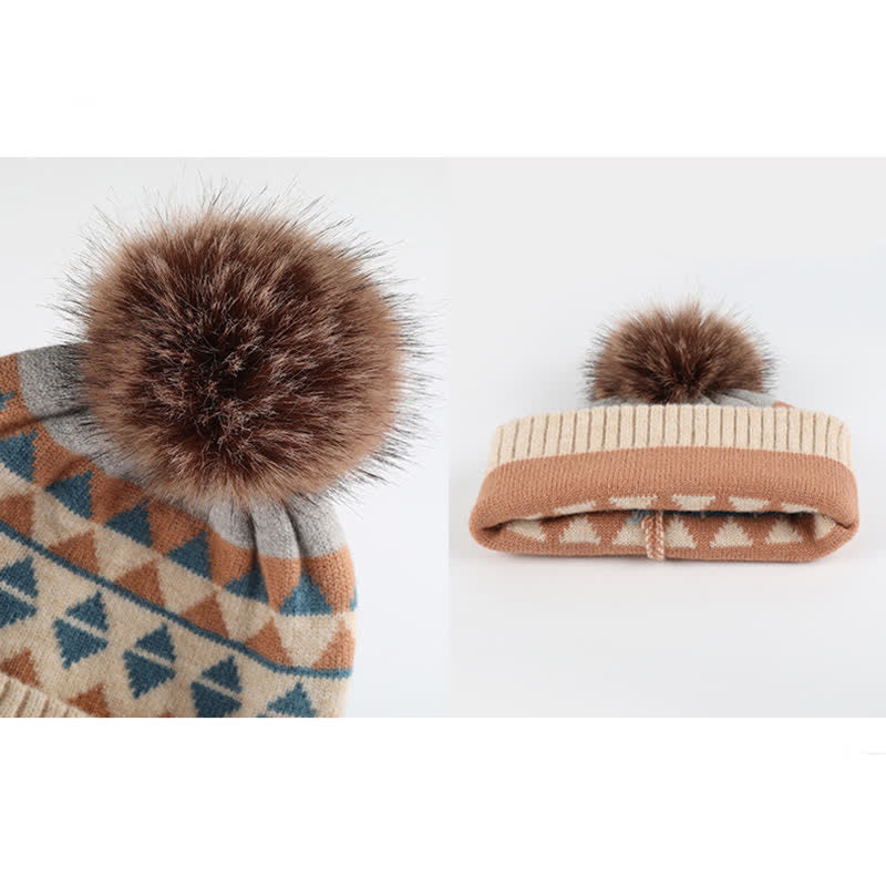 3-teiliges Damen-Set mit Mütze, Schal und Handschuhen im Dreiecksmuster