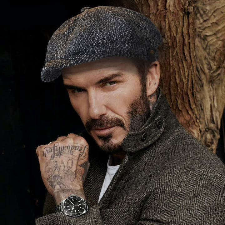 Schwarz Fleck Tweed Zeitungsjunge Achteckiges Barett