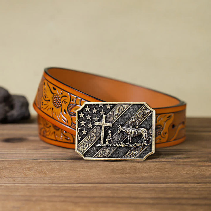 DIY Herrengürtel mit amerikanischer Flagge, Kreuz, Gebet, Pferdeschnalle und Leder