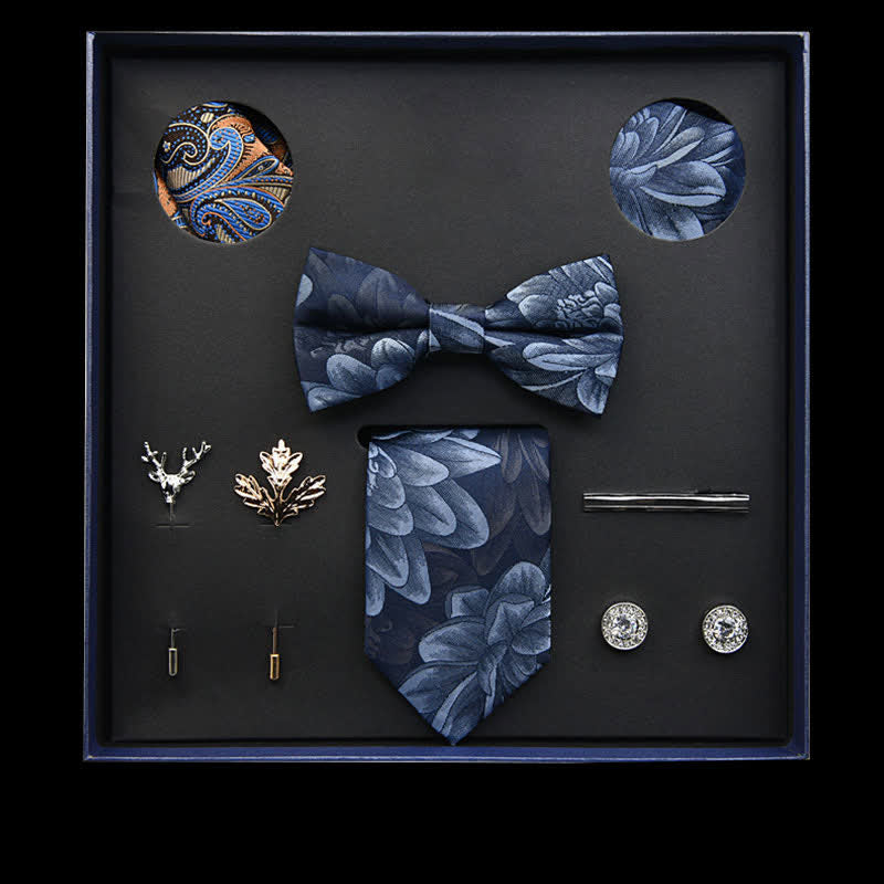 8Stk. Navy&LightSteelBlue Vintage Leaf Krawatte Fliegen Geschenkbox