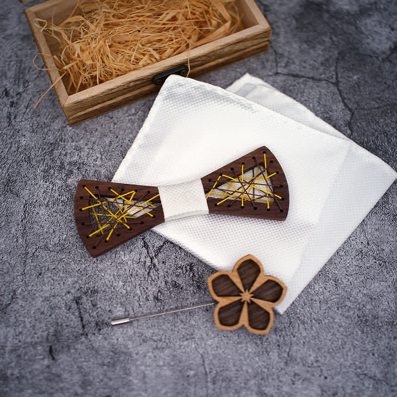 3-teiliges Set für Herren aus gewebten und bestickten hölzernen Fliegen